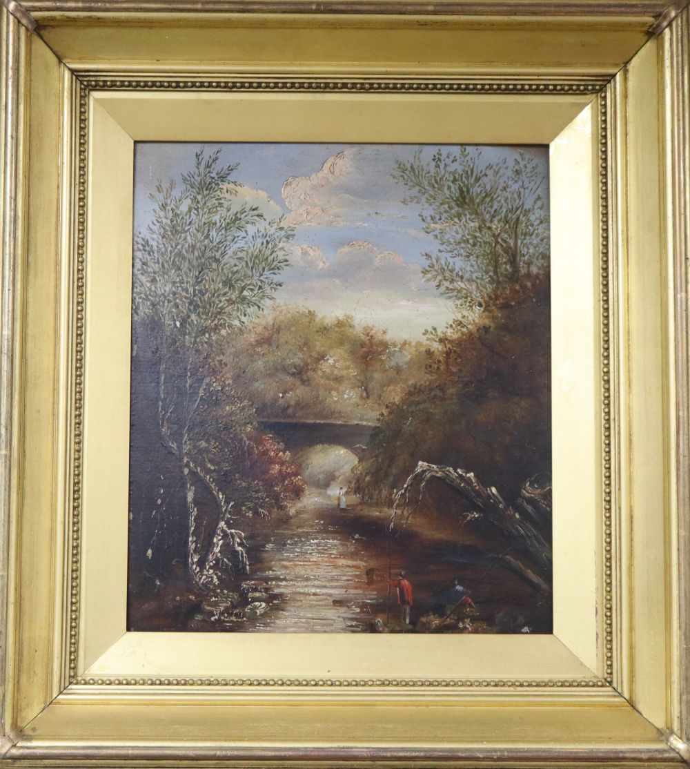 19th century English School, oil on mill board, Figures in a river landscape, 35 x 29cm